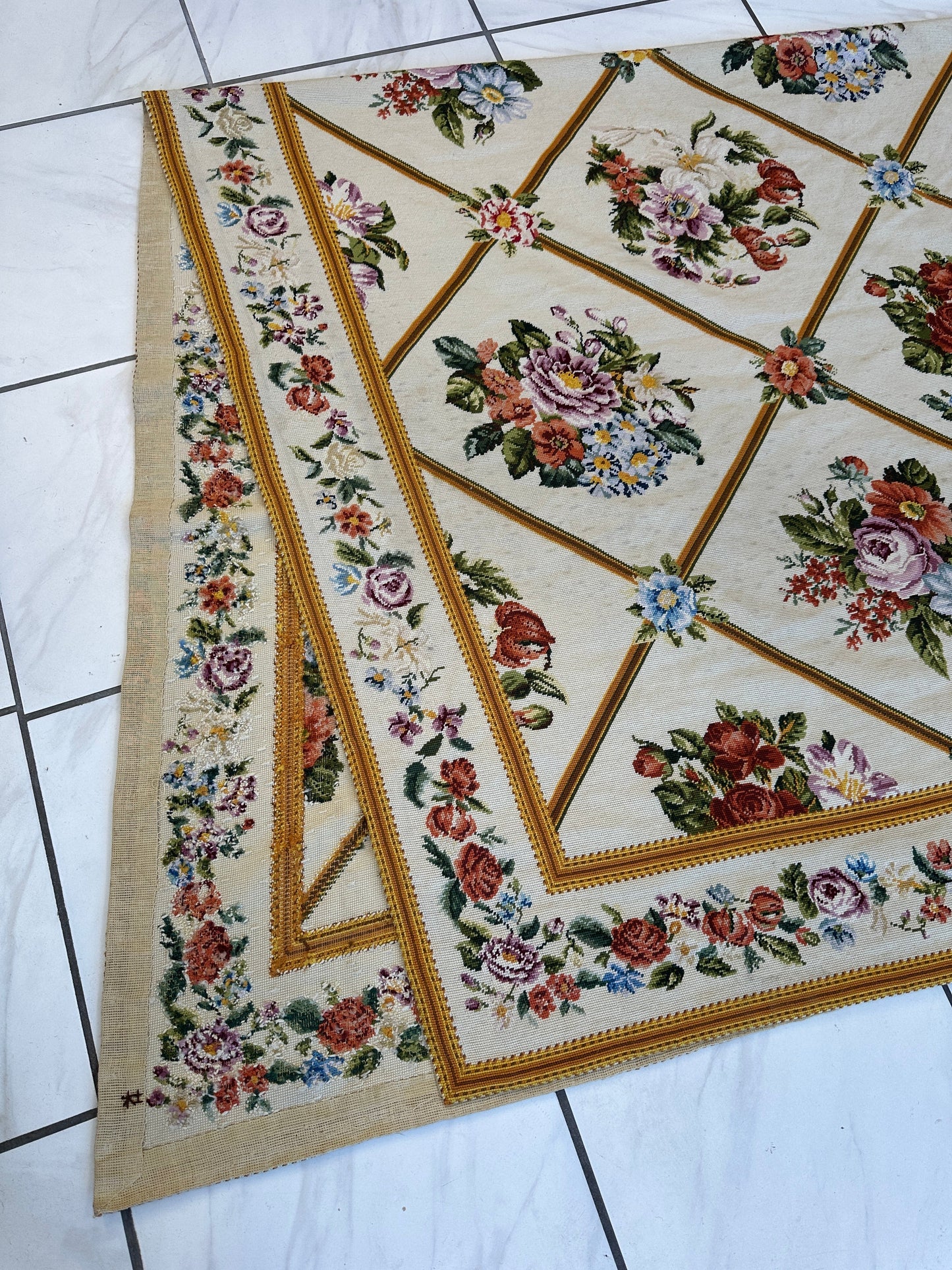 Handmade Needlepoint Floral Wool Rug – 9' 7" x 13' 5" – Vintage European Tapestry Style
