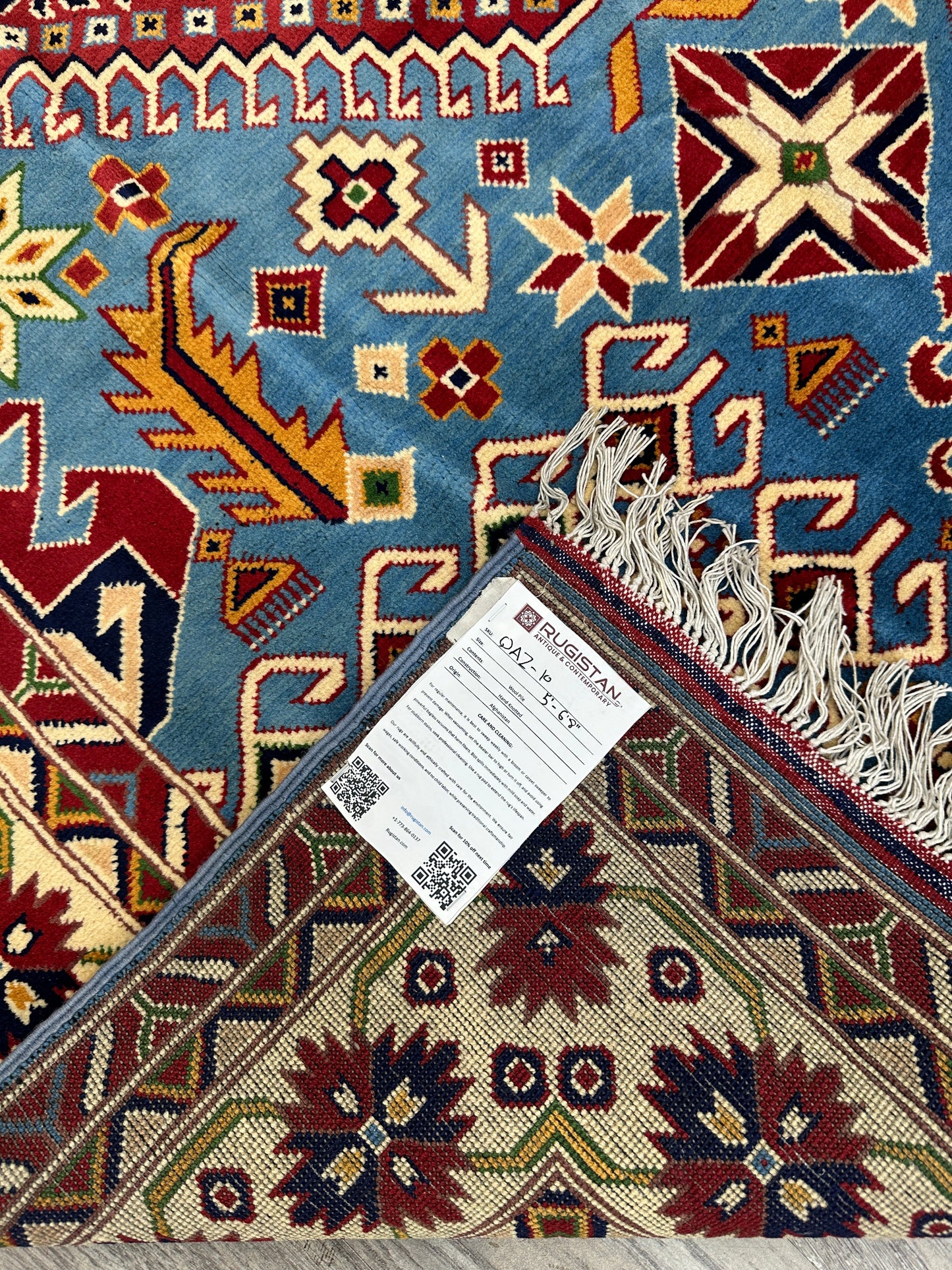 Hand-Knotted Afghani Kazak Wool Rug – 5’0″ x 6’10″