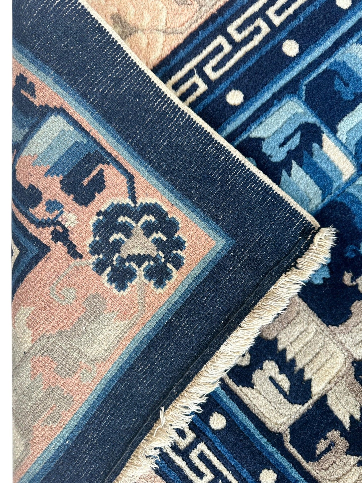 Hand-Knotted Antique Chinese Peking Wool Rug – 5’6” x 7’6” – Full Pile Navy and Cream Design