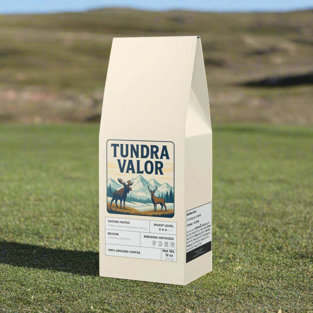 Coffee bag labeled 'Tundra Valor' with a deer and mountain design on a white background