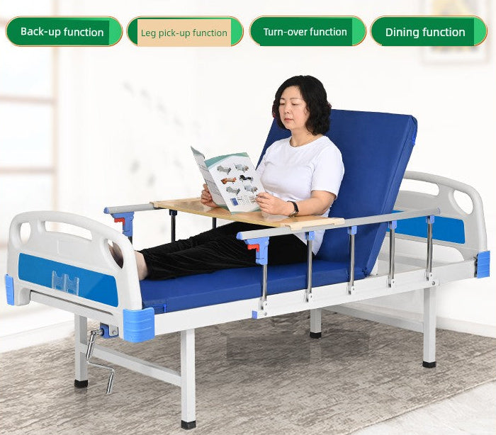 Hand-cranked multi-functional nursing bed with a woman using it indoors.