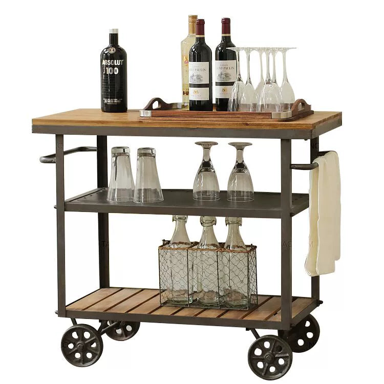 American-Style Wrought Iron Solid Wood Retro Dining Car Trolley with Wheels Dining Tray Cart Hotel KTV Drinks Trolley Sideboard Cabinet