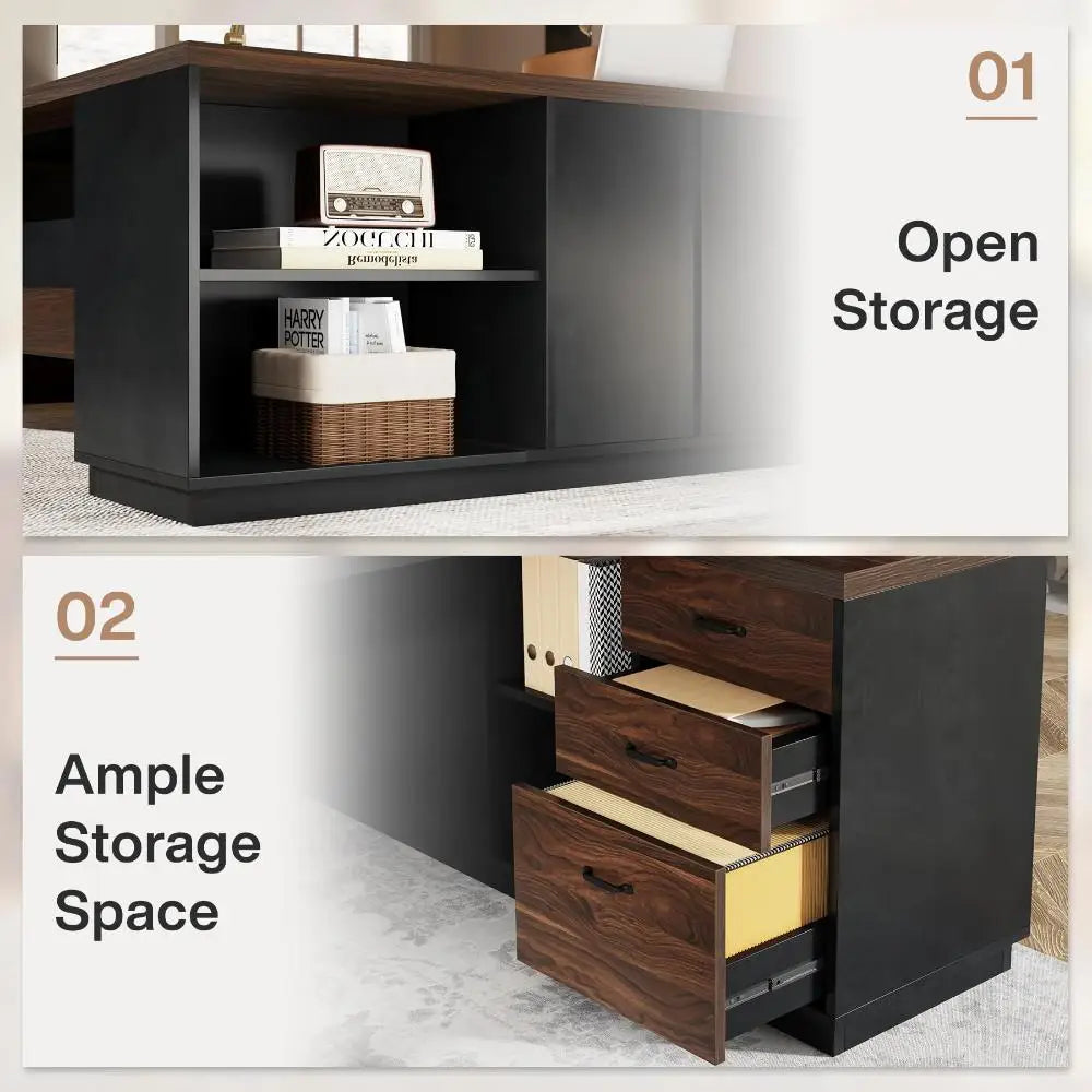 The House Of Bonney Executive L-Shaped Office Desk with Storage – 78" Modern Executive Desk with Lateral File Cabinet, Drawers, and Open Shelves for a Chic Workspace