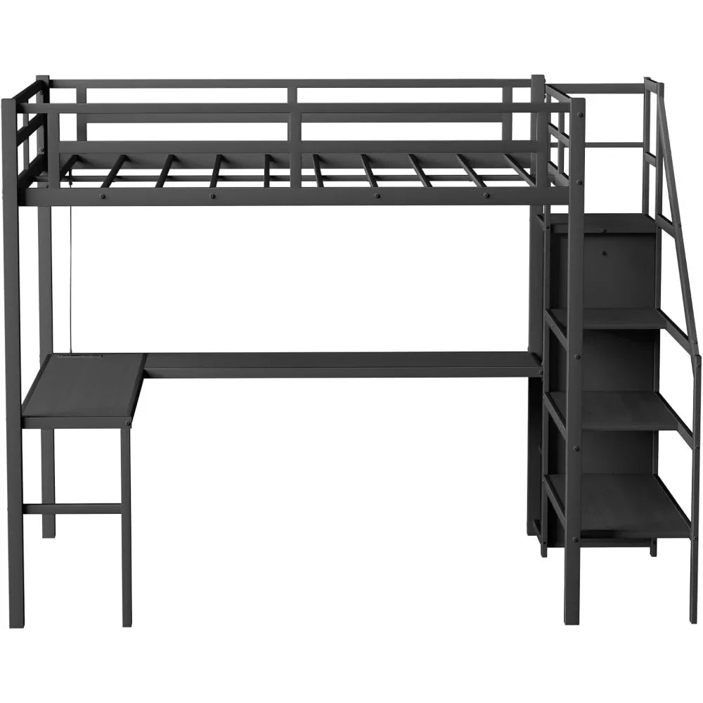 AURAFRAME Loft System – Full Size Metal Loft Bed with Built-In Wardrobe, L-Desk, RGB Lighting & Charging Station | Chic Industrial Workspace Bed with Storage Staircase & Safety Rail