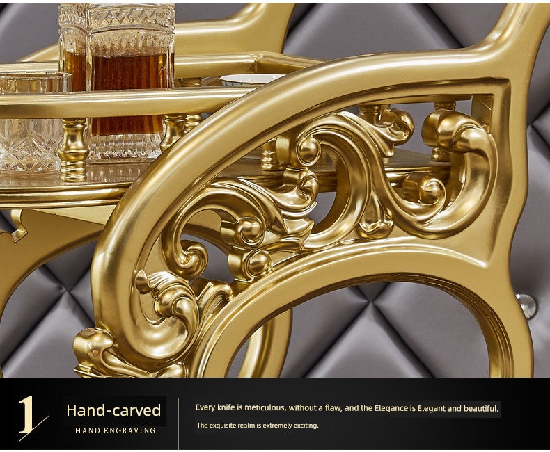 Regal Oak Carved Dining Trolley | European Luxury Solid Wood Rolling Bar Cart With Handcrafted Floral Detail, Antique Gold Trim & Push-Pull Elegance For Dining Rooms And Lounges