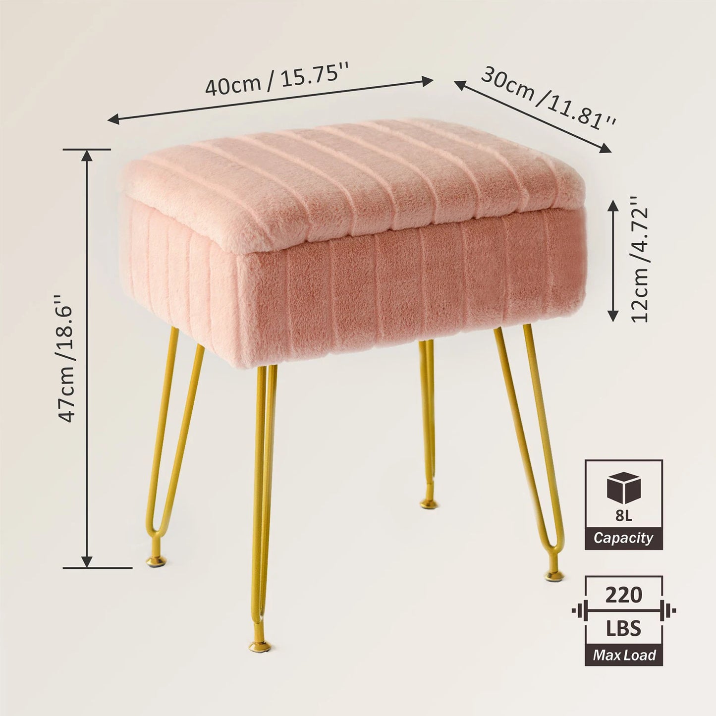 Faux Fur Vanity Stool with Storage – Stylish Makeup Ottoman with Gold Metal Legs for Bedroom & Living Room