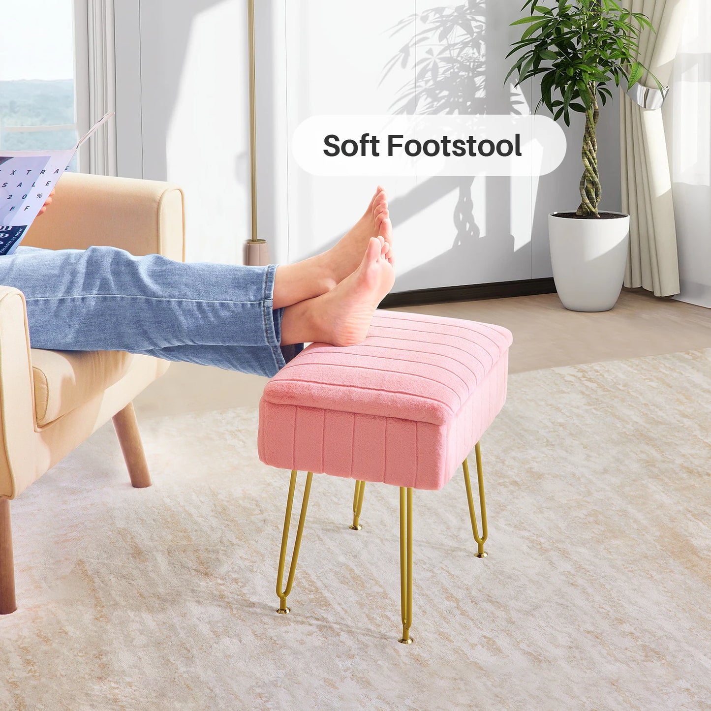 Faux Fur Vanity Stool with Storage – Stylish Makeup Ottoman with Gold Metal Legs for Bedroom & Living Room