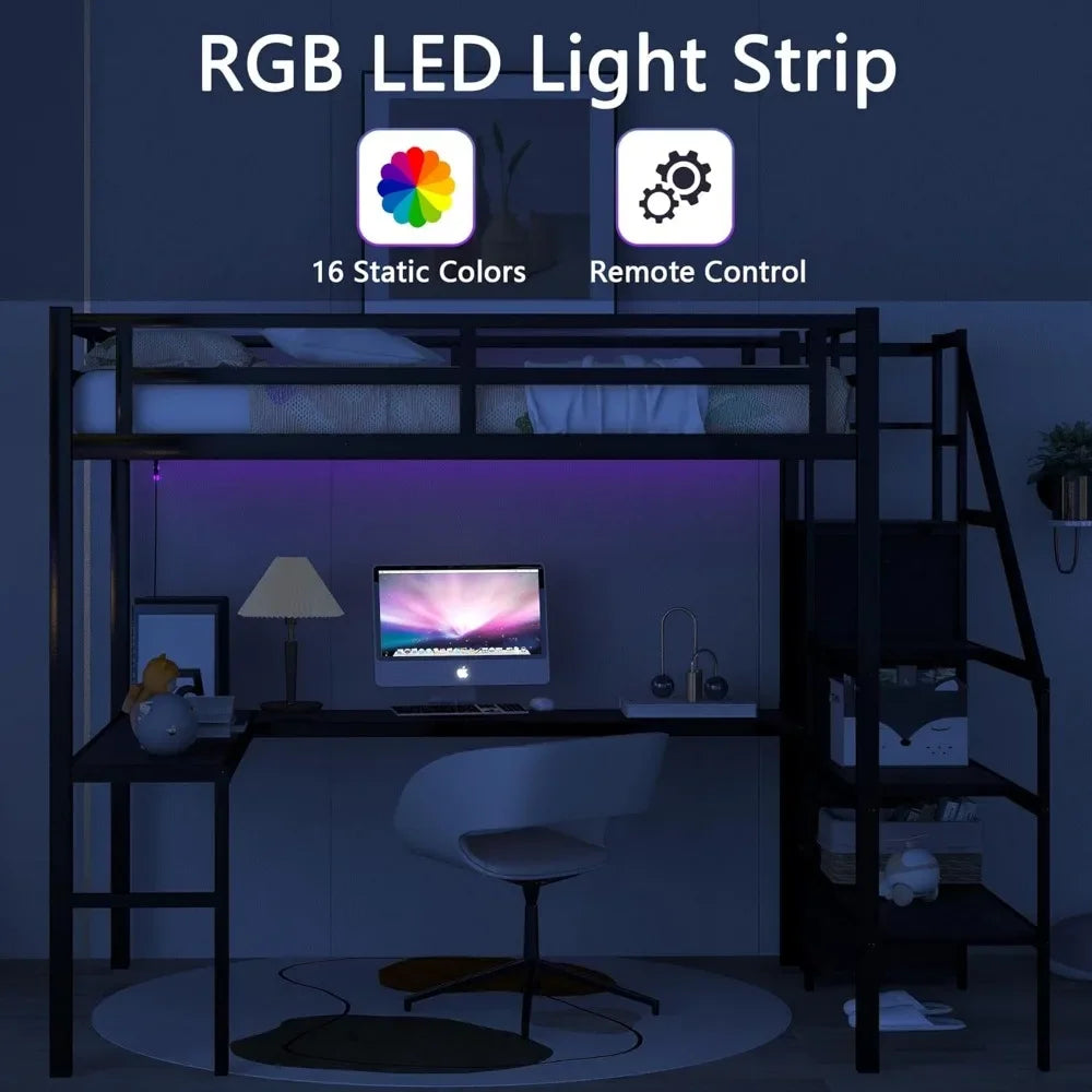 AURAFRAME Loft System – Full Size Metal Loft Bed with Built-In Wardrobe, L-Desk, RGB Lighting & Charging Station | Chic Industrial Workspace Bed with Storage Staircase & Safety Rail