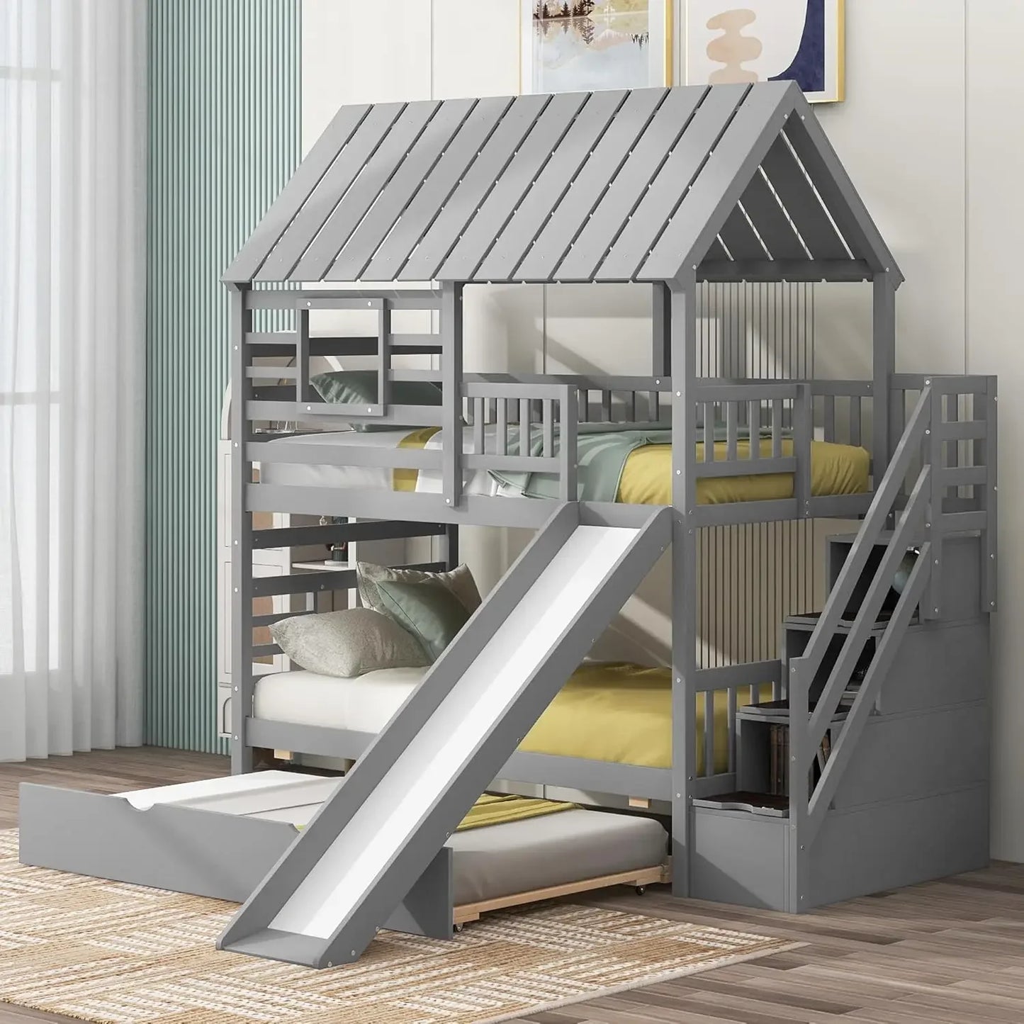 The House of Bonney™ “Skyloft Playhouse” Twin Bunk Bed with Slide, Trundle & Storage Staircase – Solid Wood Adventure Bed with Roof & Window Design