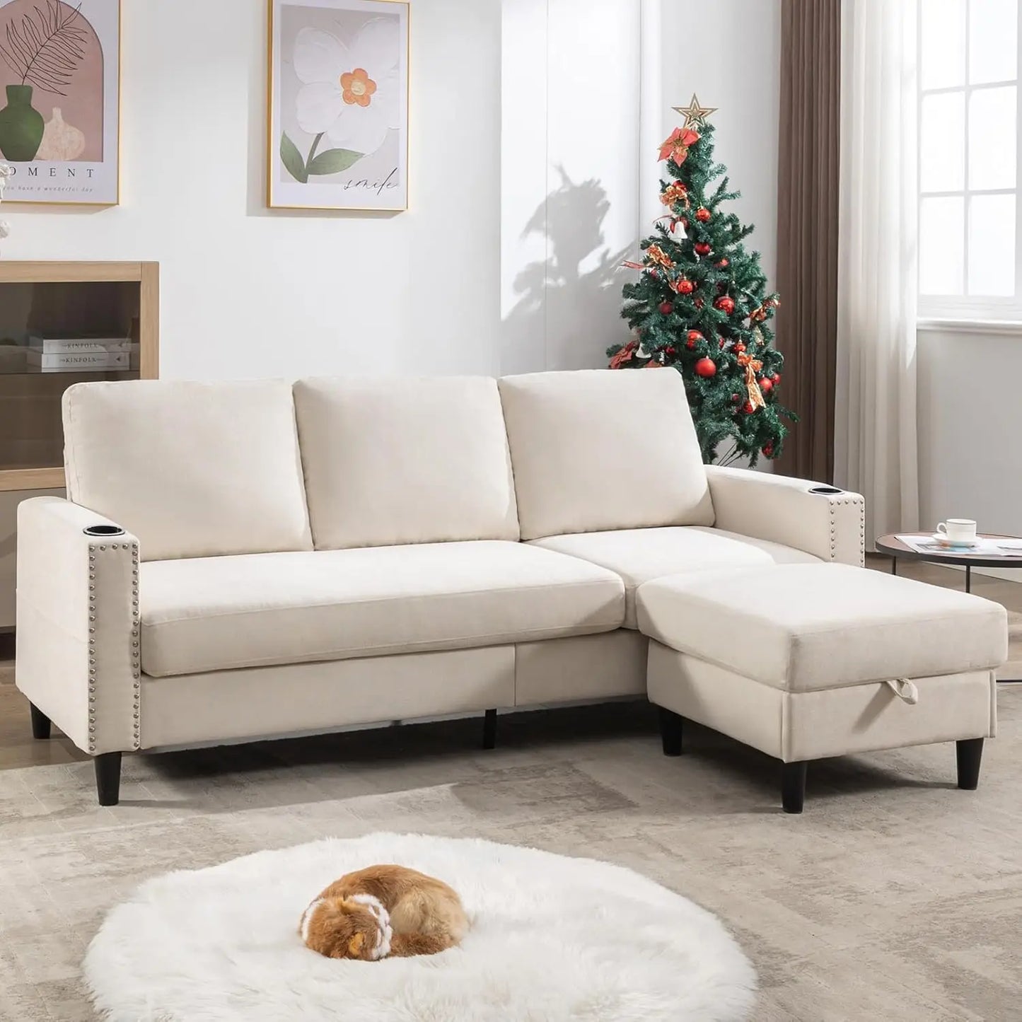 The House of Bonney™ LuxeFlex Velvet L-Shaped Sectional – Convertible 3-Seater Couch with Storage Ottoman & Cup Holders for Small Spaces