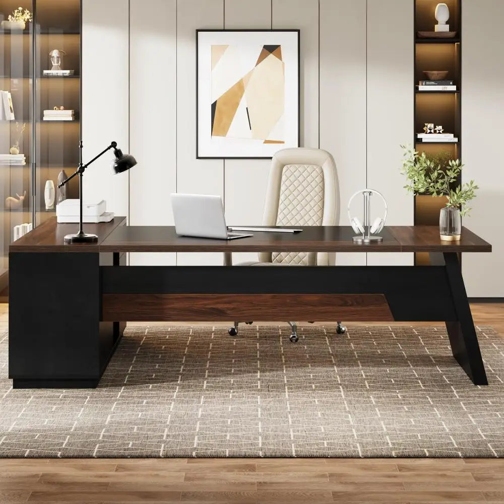 The House Of Bonney Executive L-Shaped Office Desk with Storage – 78" Modern Executive Desk with Lateral File Cabinet, Drawers, and Open Shelves for a Chic Workspace