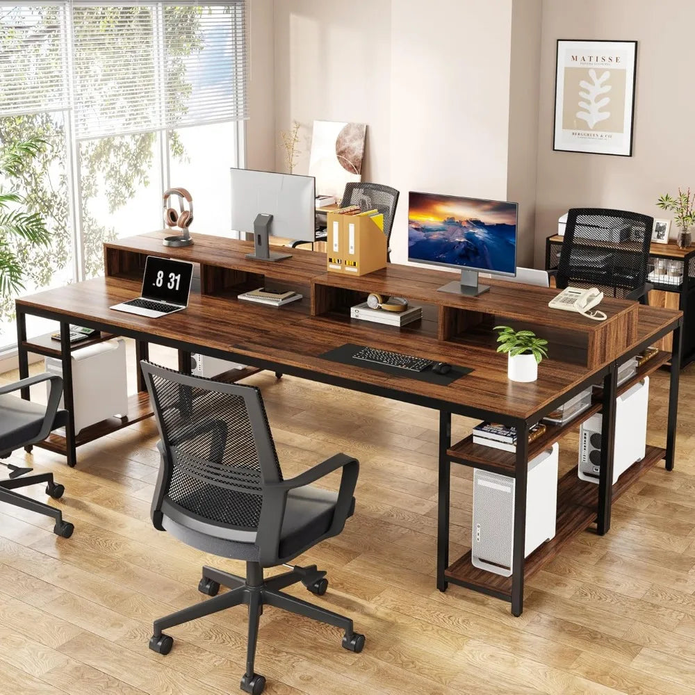 The Align Studio // Dual Monitor Luxe Workstation – 2-Person Industrial Desk with Shelves & Elevated Flow