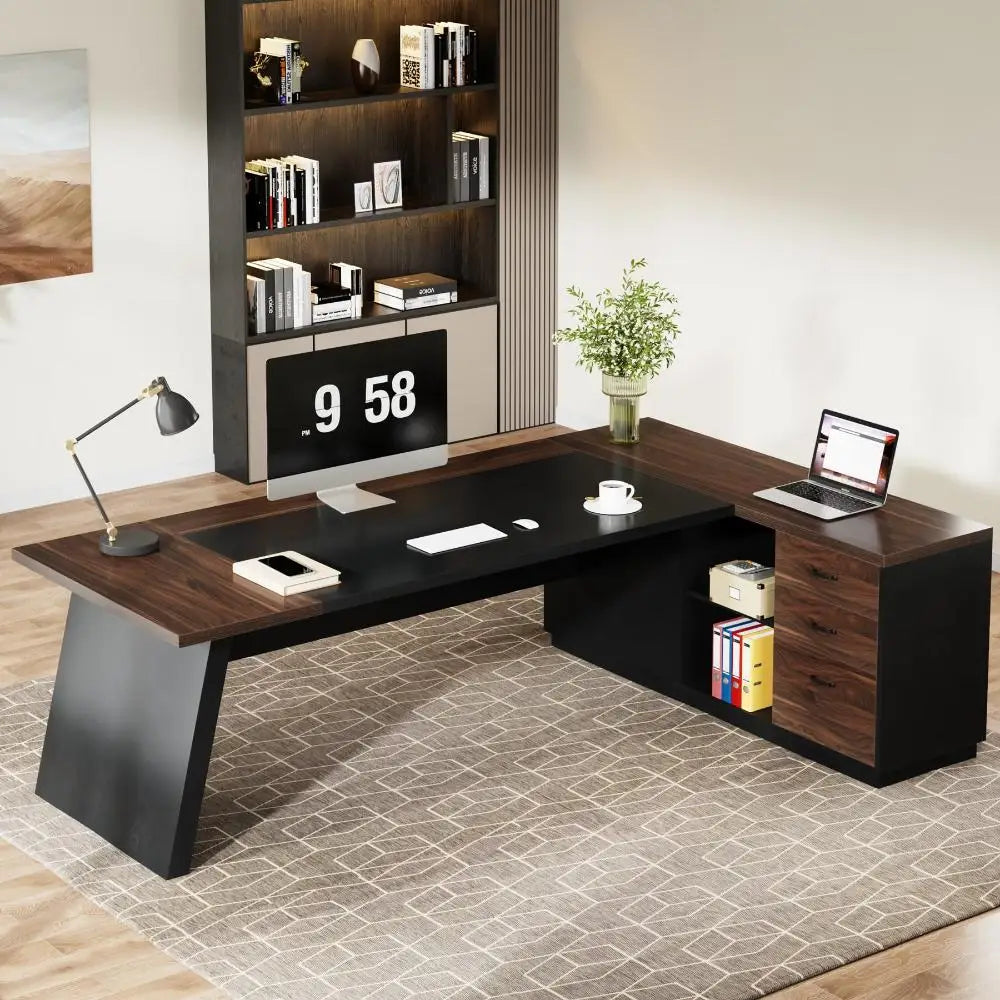 The House Of Bonney Executive L-Shaped Office Desk with Storage – 78" Modern Executive Desk with Lateral File Cabinet, Drawers, and Open Shelves for a Chic Workspace