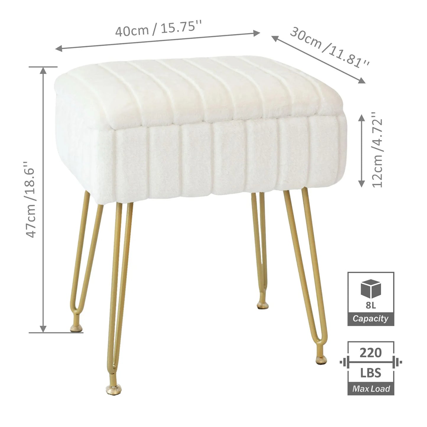 Faux Fur Vanity Stool with Storage – Stylish Makeup Ottoman with Gold Metal Legs for Bedroom & Living Room