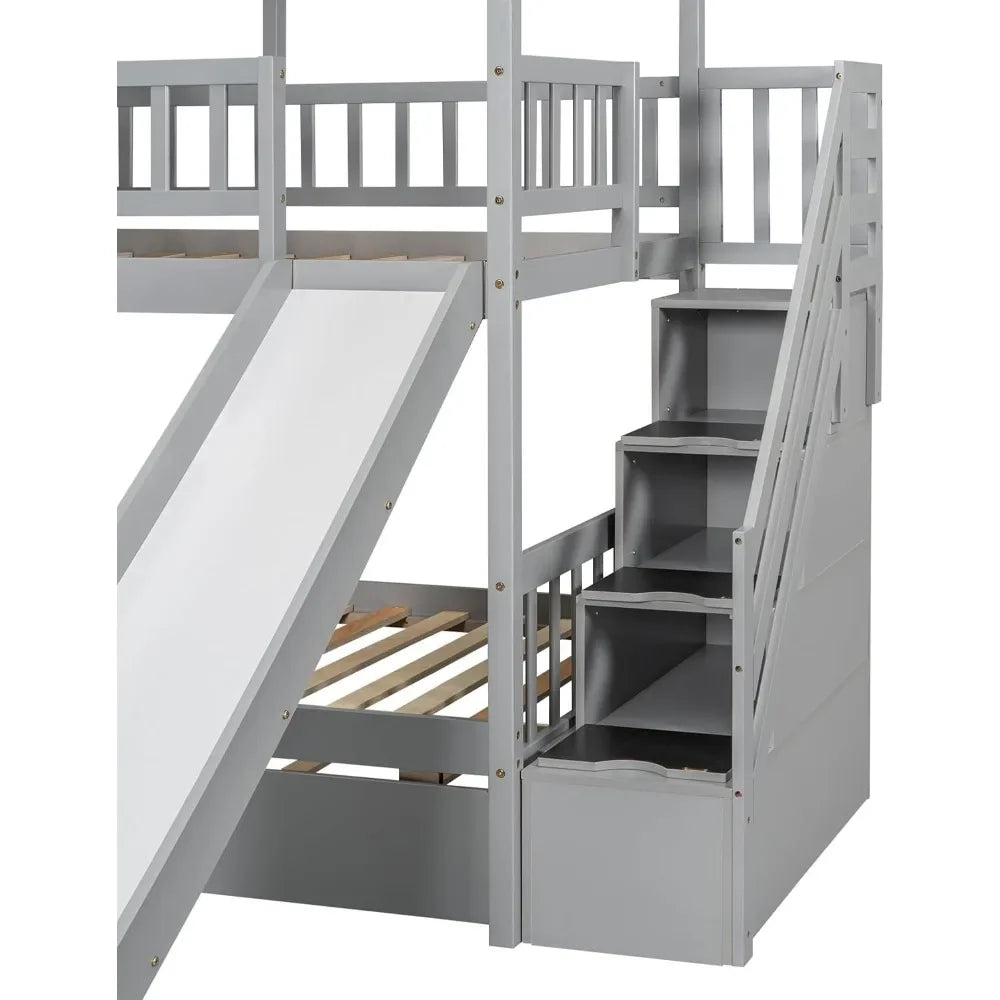 The House of Bonney™ “Skyloft Playhouse” Twin Bunk Bed with Slide, Trundle & Storage Staircase – Solid Wood Adventure Bed with Roof & Window Design