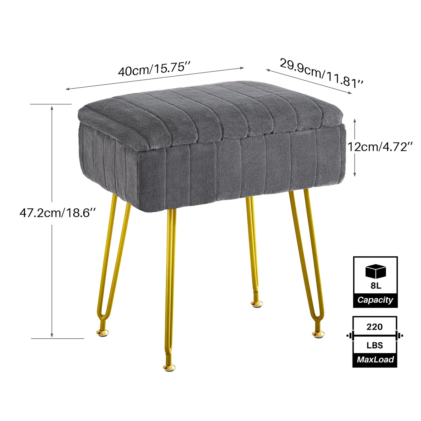 Faux Fur Vanity Stool with Storage – Stylish Makeup Ottoman with Gold Metal Legs for Bedroom & Living Room