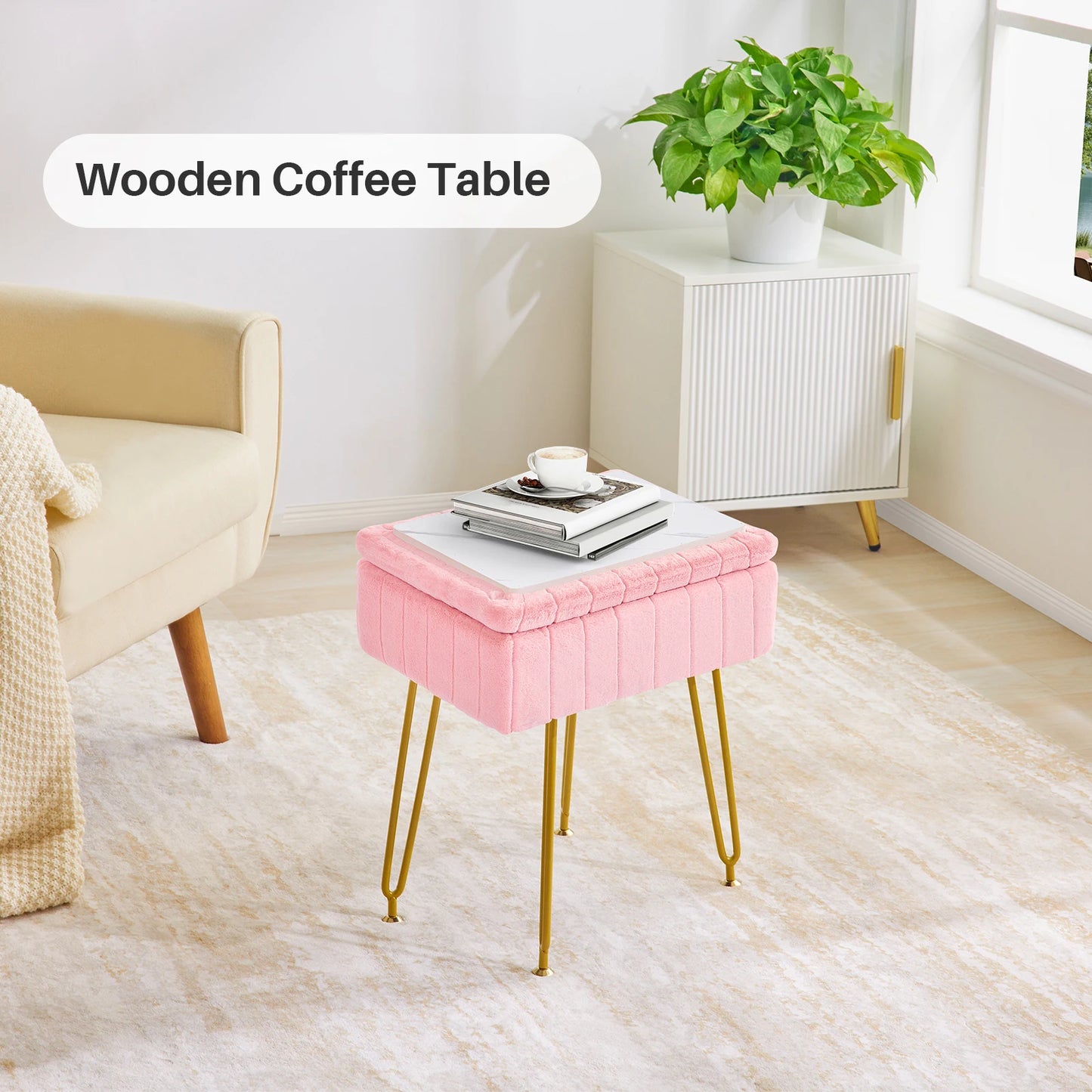 Faux Fur Vanity Stool with Storage – Stylish Makeup Ottoman with Gold Metal Legs for Bedroom & Living Room