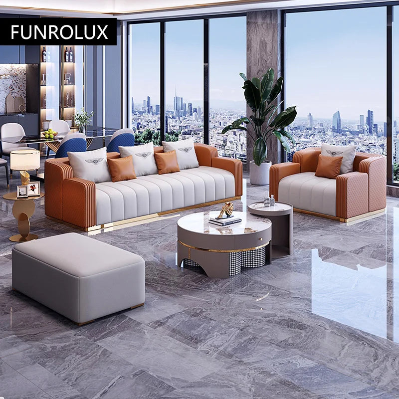 Bonney Aureum Leather Corner Sofa — Light Luxury L-Shaped Modern Sofa for 3–4 People, Genuine Leather Minimalist Design for High-End Living Rooms