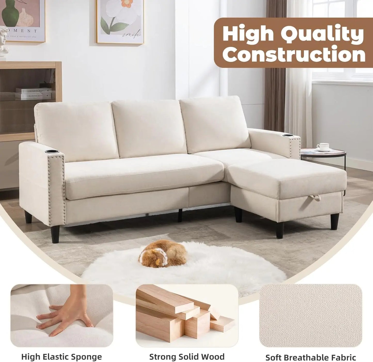 The House of Bonney™ LuxeFlex Velvet L-Shaped Sectional – Convertible 3-Seater Couch with Storage Ottoman & Cup Holders for Small Spaces