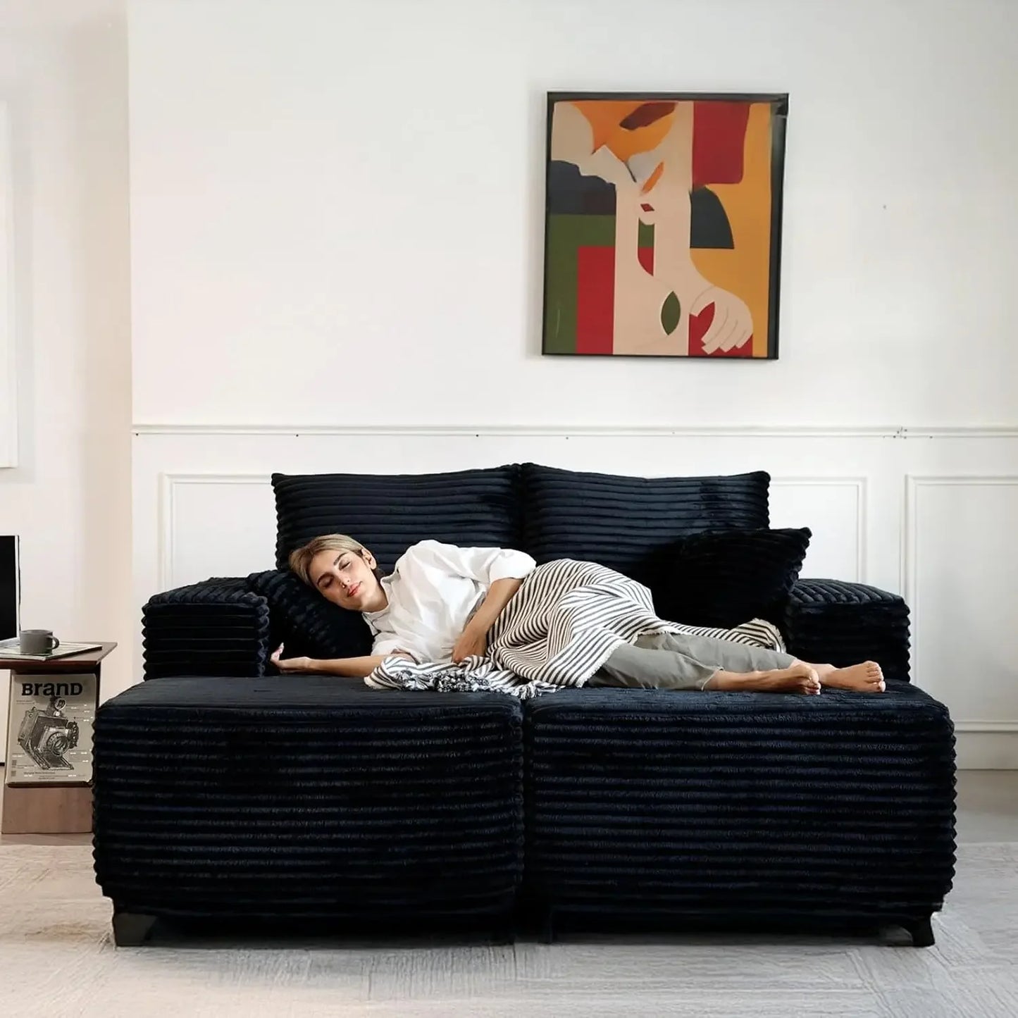 Cordova Luxe Lounger – Oversized Pillow-Back Chaise Sofa in Cloud Corduroy with Foldable Pillows & Armrests | Ready-to-Rest Recliner Bed for Living Room or Bedroom