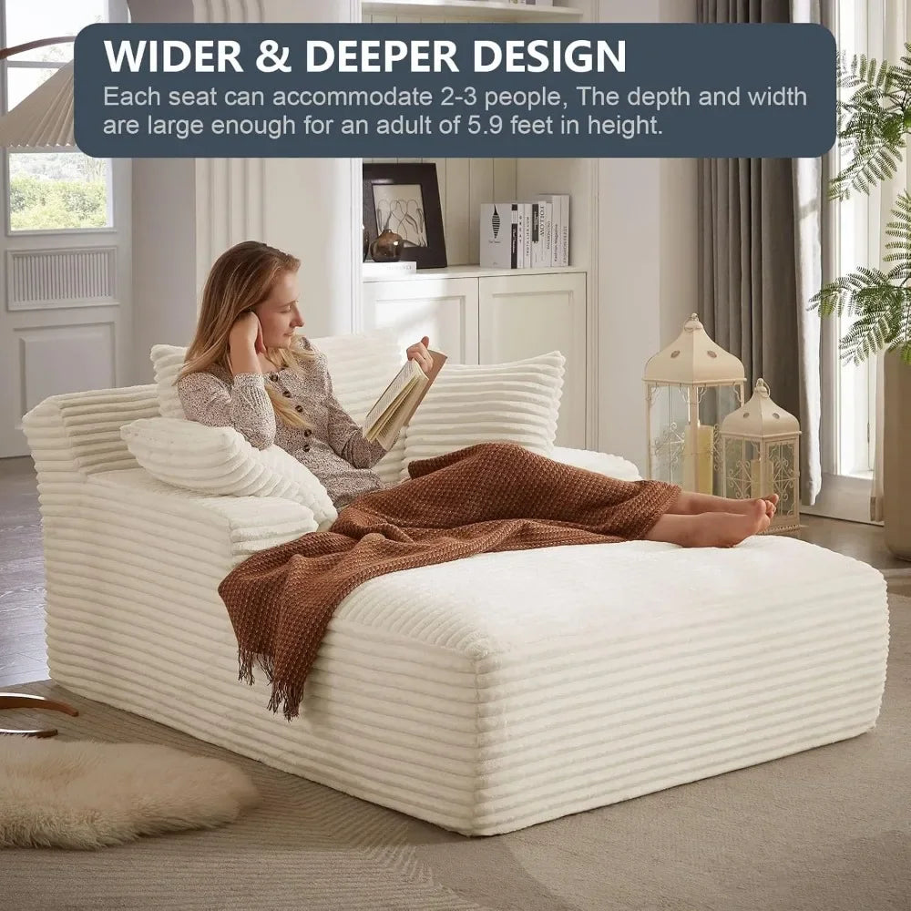 Cordova Luxe Lounger – Oversized Pillow-Back Chaise Sofa in Cloud Corduroy with Foldable Pillows & Armrests | Ready-to-Rest Recliner Bed for Living Room or Bedroom