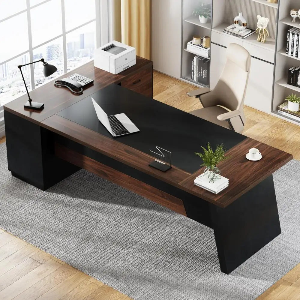 The House Of Bonney Executive L-Shaped Office Desk with Storage – 78" Modern Executive Desk with Lateral File Cabinet, Drawers, and Open Shelves for a Chic Workspace