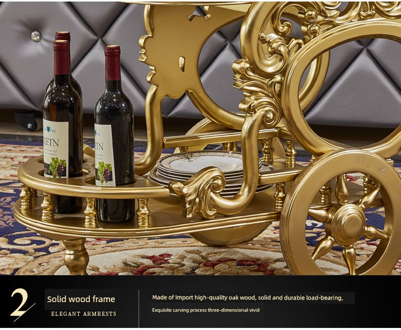 Regal Oak Carved Dining Trolley | European Luxury Solid Wood Rolling Bar Cart With Handcrafted Floral Detail, Antique Gold Trim & Push-Pull Elegance For Dining Rooms And Lounges