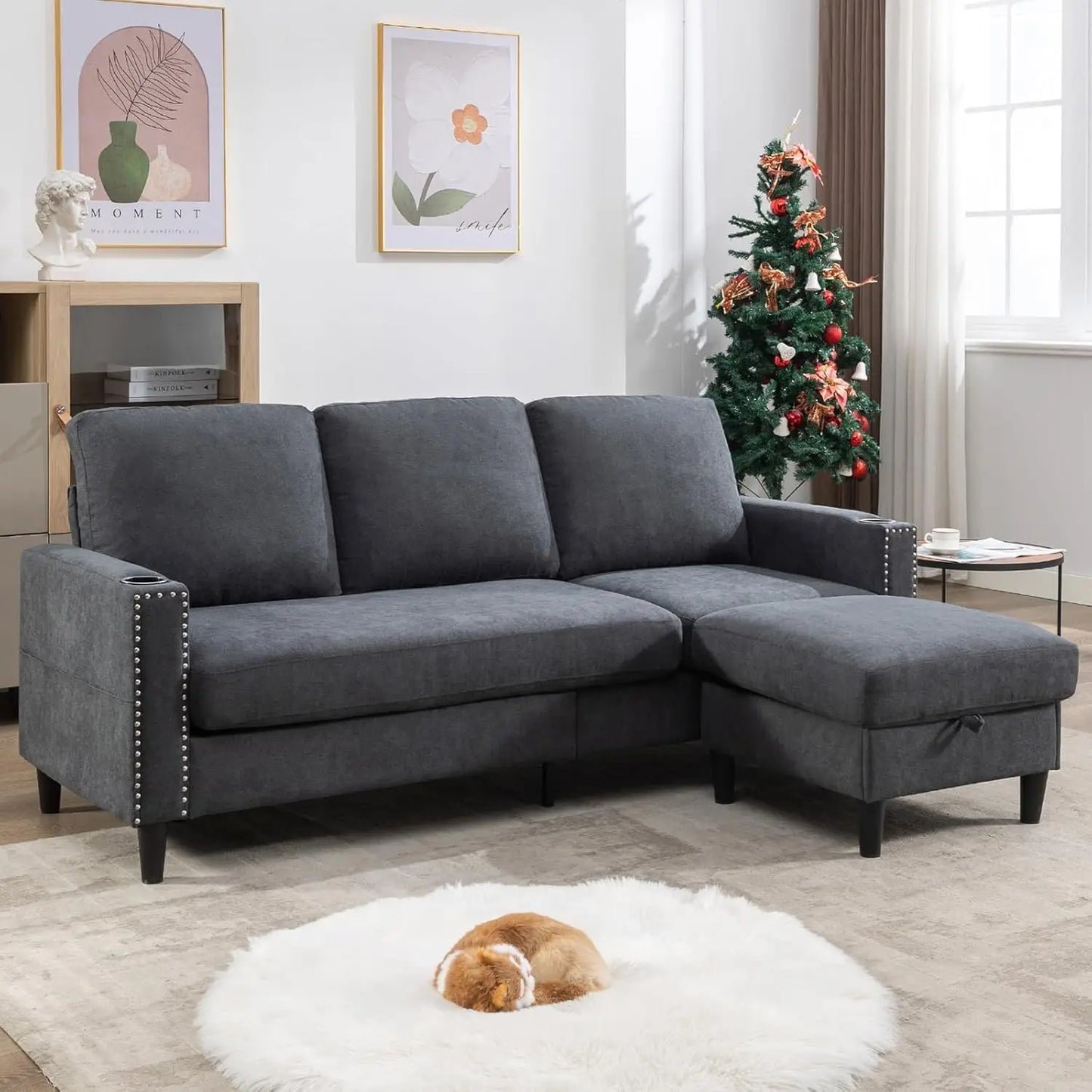 The House of Bonney™ LuxeFlex Velvet L-Shaped Sectional – Convertible 3-Seater Couch with Storage Ottoman & Cup Holders for Small Spaces