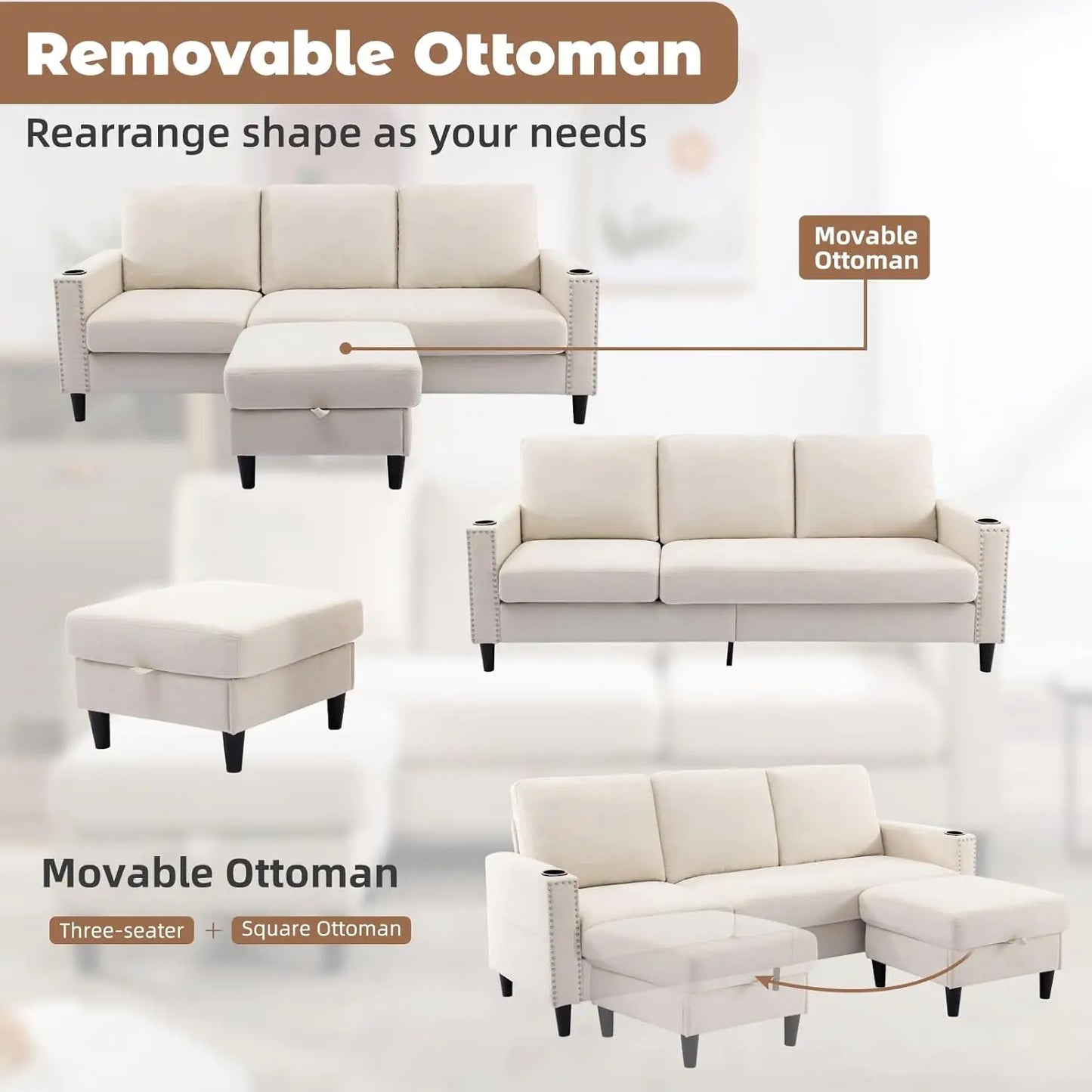 The House of Bonney™ LuxeFlex Velvet L-Shaped Sectional – Convertible 3-Seater Couch with Storage Ottoman & Cup Holders for Small Spaces