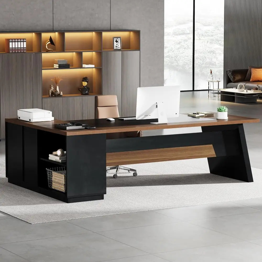 The House Of Bonney Executive L-Shaped Office Desk with Storage – 78" Modern Executive Desk with Lateral File Cabinet, Drawers, and Open Shelves for a Chic Workspace