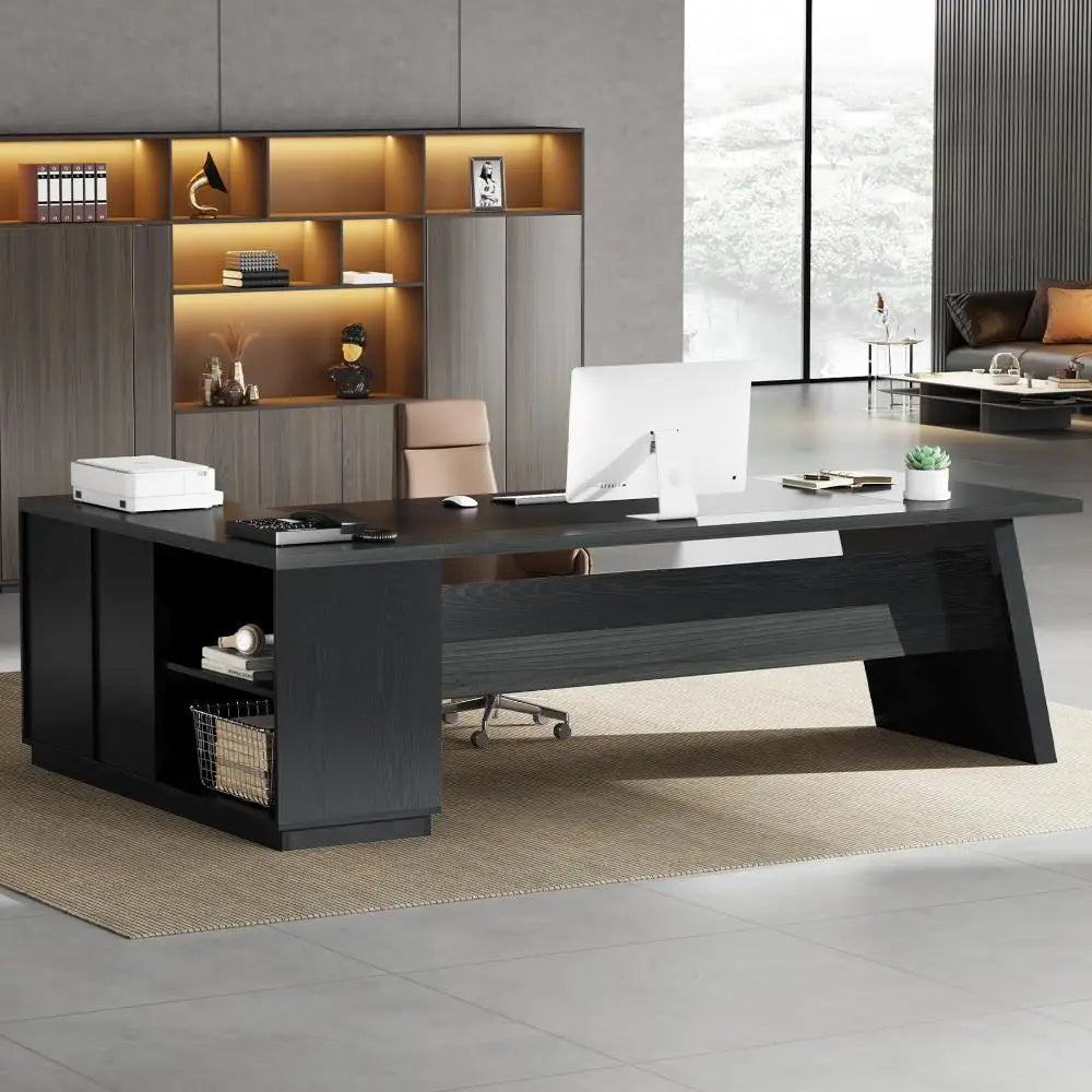 The House Of Bonney Executive L-Shaped Office Desk with Storage – 78" Modern Executive Desk with Lateral File Cabinet, Drawers, and Open Shelves for a Chic Workspace
