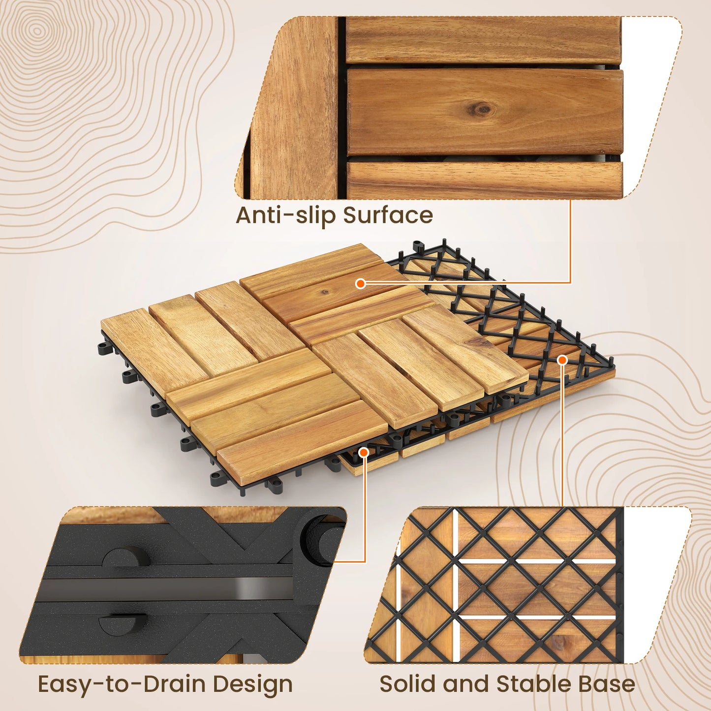 The House Of Bonney 30-Piece Acacia Wood Interlocking Deck Tiles – Natural Outdoor & Patio Flooring Set