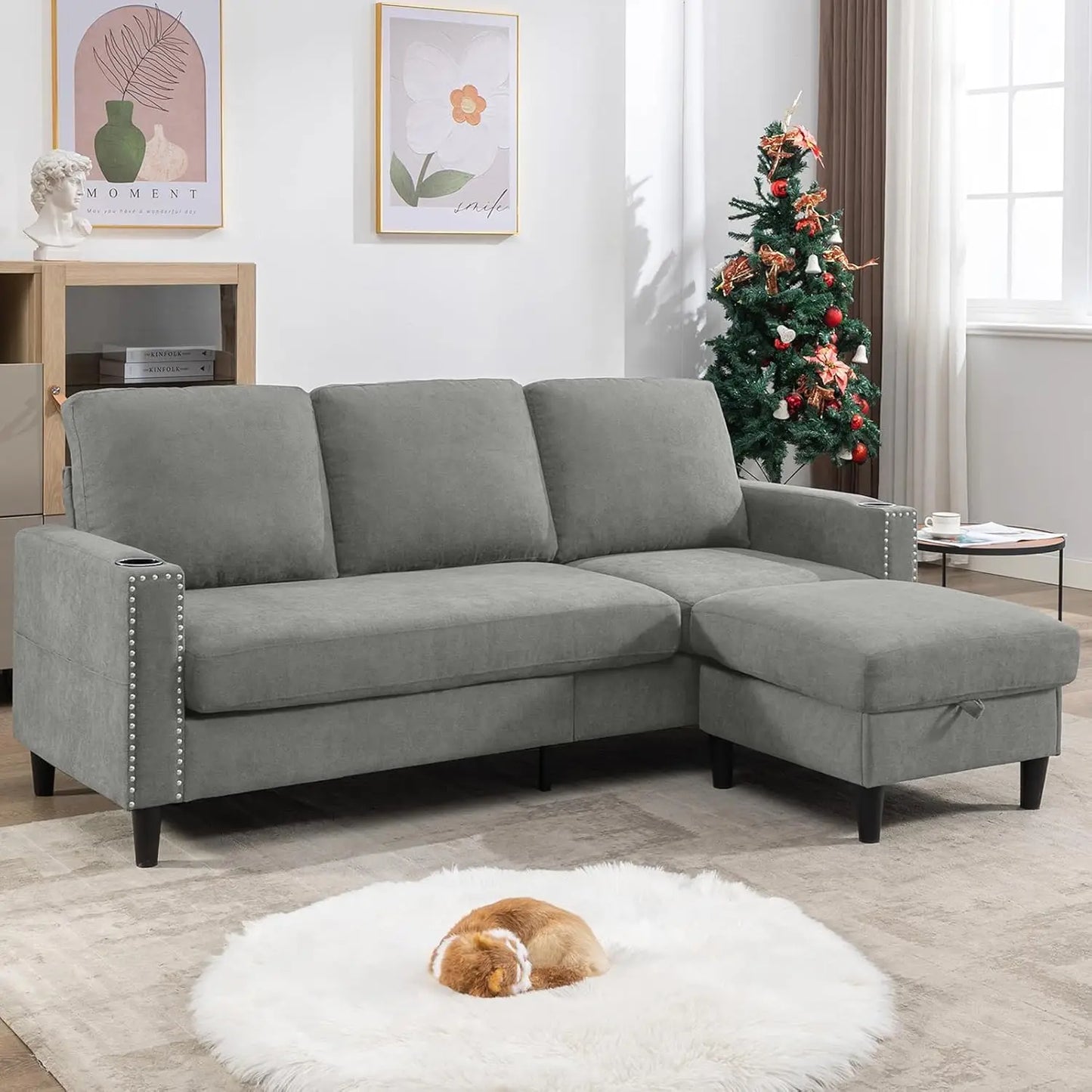 The House of Bonney™ LuxeFlex Velvet L-Shaped Sectional – Convertible 3-Seater Couch with Storage Ottoman & Cup Holders for Small Spaces