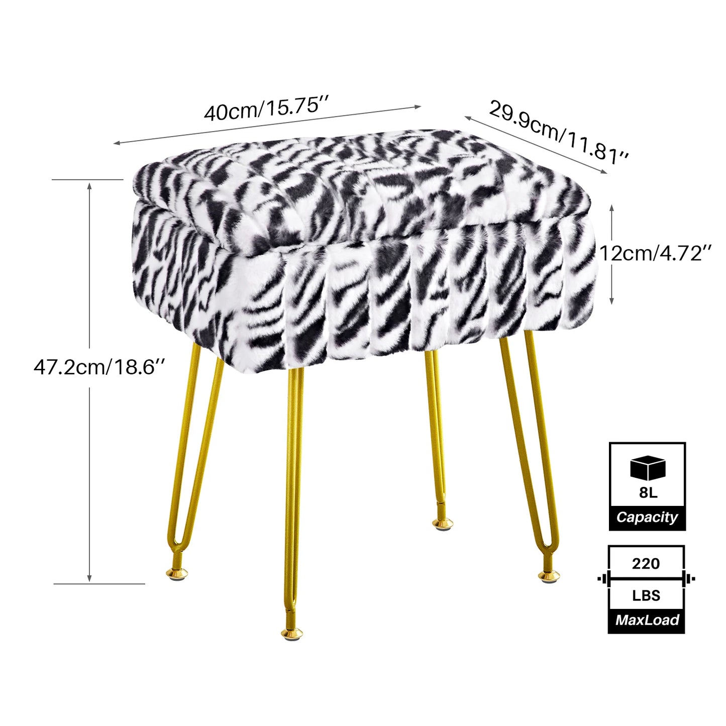 Faux Fur Vanity Stool with Storage – Stylish Makeup Ottoman with Gold Metal Legs for Bedroom & Living Room