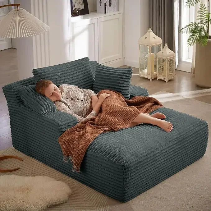 Cordova Luxe Lounger – Oversized Pillow-Back Chaise Sofa in Cloud Corduroy with Foldable Pillows & Armrests | Ready-to-Rest Recliner Bed for Living Room or Bedroom