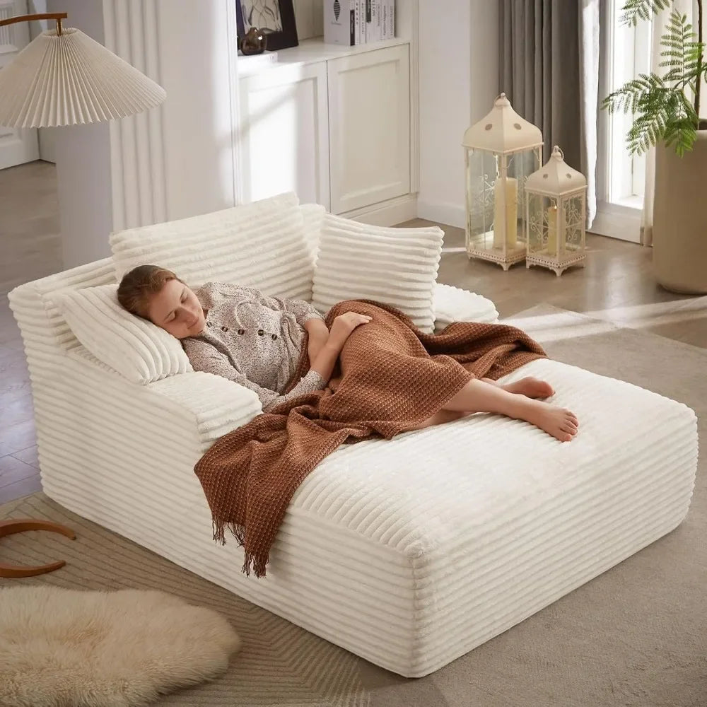 Cordova Luxe Lounger – Oversized Pillow-Back Chaise Sofa in Cloud Corduroy with Foldable Pillows & Armrests | Ready-to-Rest Recliner Bed for Living Room or Bedroom