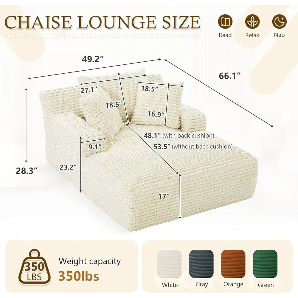 Cordova Luxe Lounger – Oversized Pillow-Back Chaise Sofa in Cloud Corduroy with Foldable Pillows & Armrests | Ready-to-Rest Recliner Bed for Living Room or Bedroom