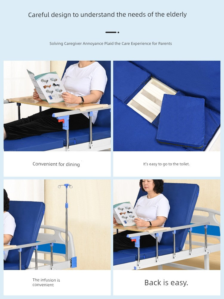 Seraphine Manual Luxury Nursing Bed | Dual-Shake Medical Care Bed with Guardrail, Dining Table & Recline | Elegant Home & Clinical Recovery Design