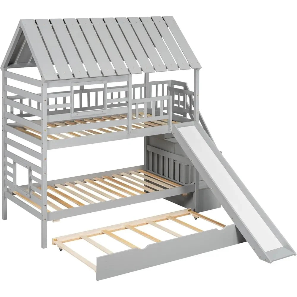 The House of Bonney™ “Skyloft Playhouse” Twin Bunk Bed with Slide, Trundle & Storage Staircase – Solid Wood Adventure Bed with Roof & Window Design