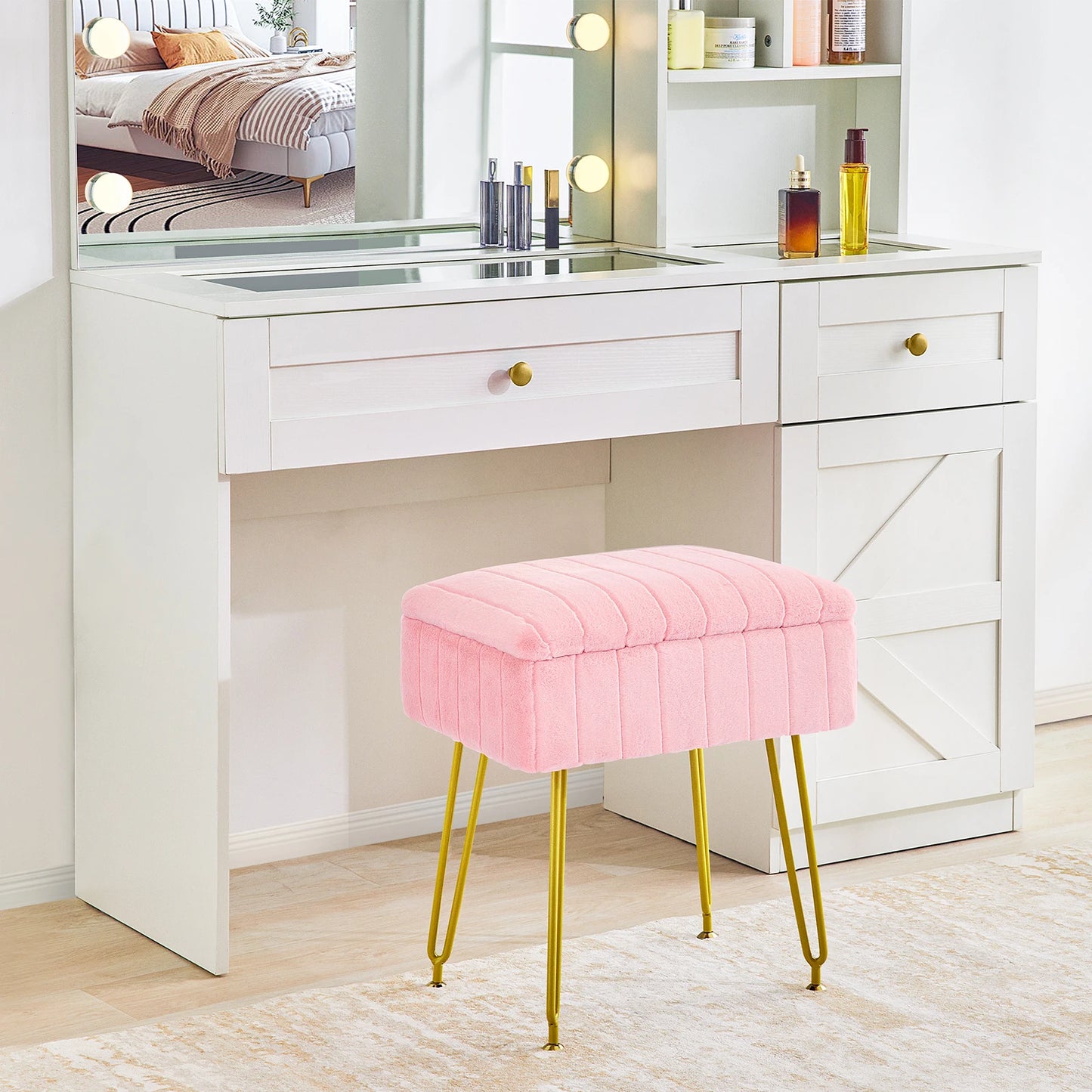 Faux Fur Vanity Stool with Storage – Stylish Makeup Ottoman with Gold Metal Legs for Bedroom & Living Room