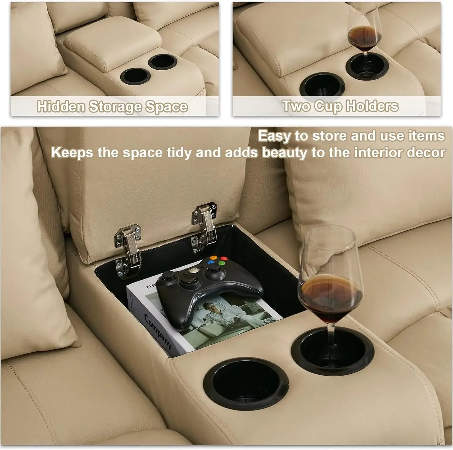 65.5" RV Loveseat Recliner Double Recliner RV Sofa & Console | RV Couch | RV Furniture, Home Theater Seating… (Beige)
