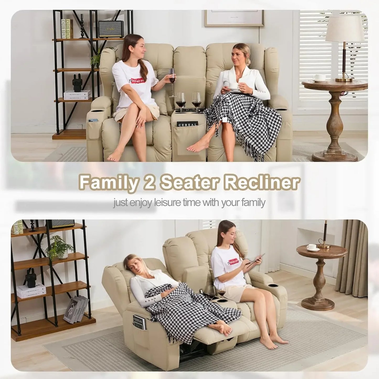 65.5" RV Loveseat Recliner Double Recliner RV Sofa & Console | RV Couch | RV Furniture, Home Theater Seating… (Beige)