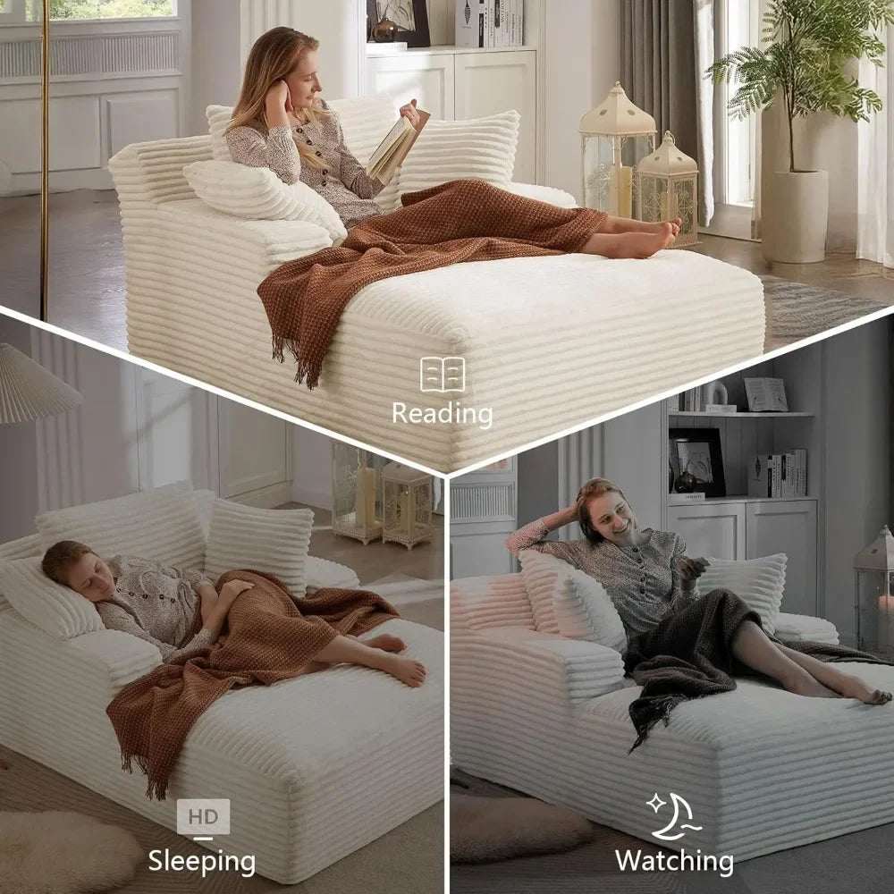 Cordova Luxe Lounger – Oversized Pillow-Back Chaise Sofa in Cloud Corduroy with Foldable Pillows & Armrests | Ready-to-Rest Recliner Bed for Living Room or Bedroom