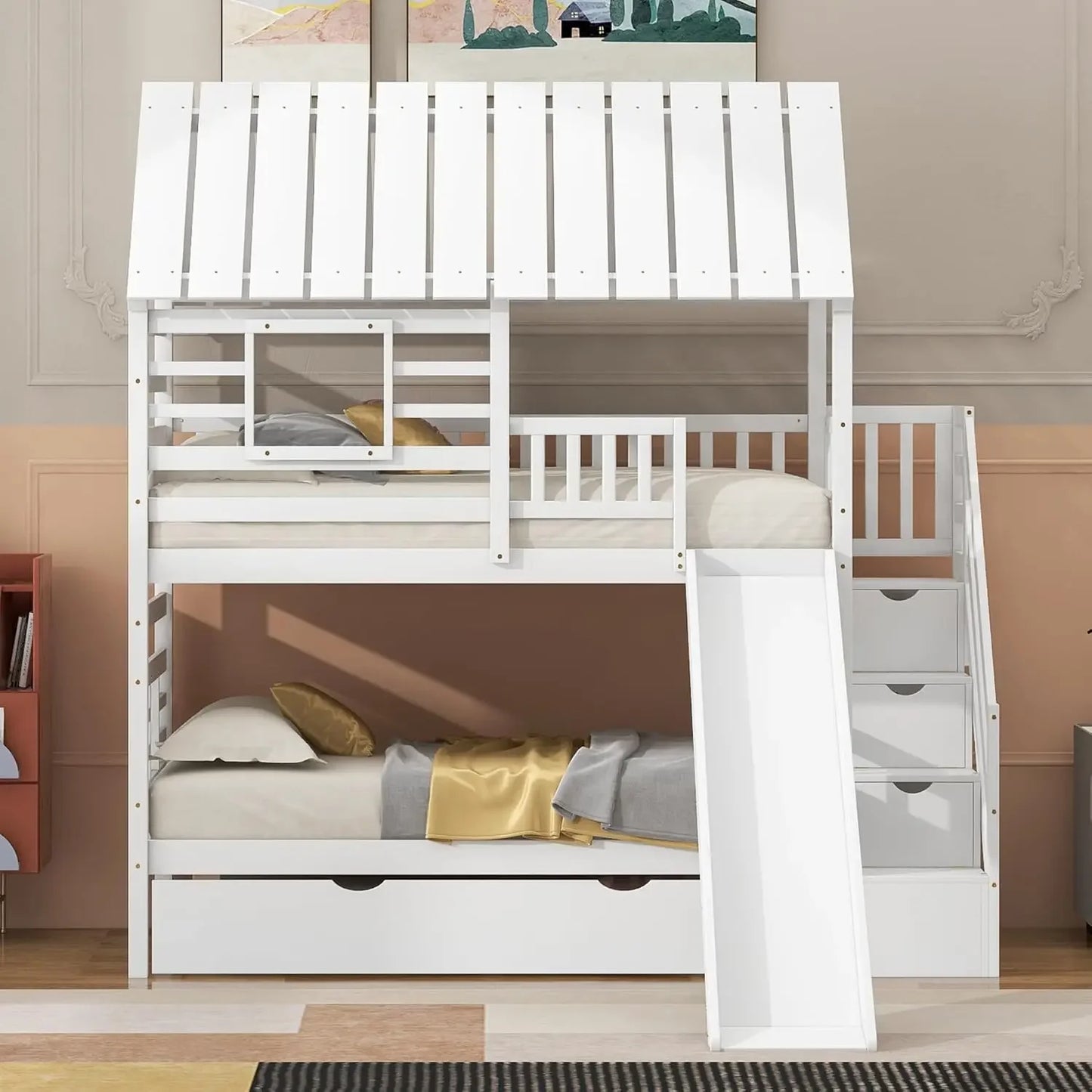 The House of Bonney™ “Skyloft Playhouse” Twin Bunk Bed with Slide, Trundle & Storage Staircase – Solid Wood Adventure Bed with Roof & Window Design