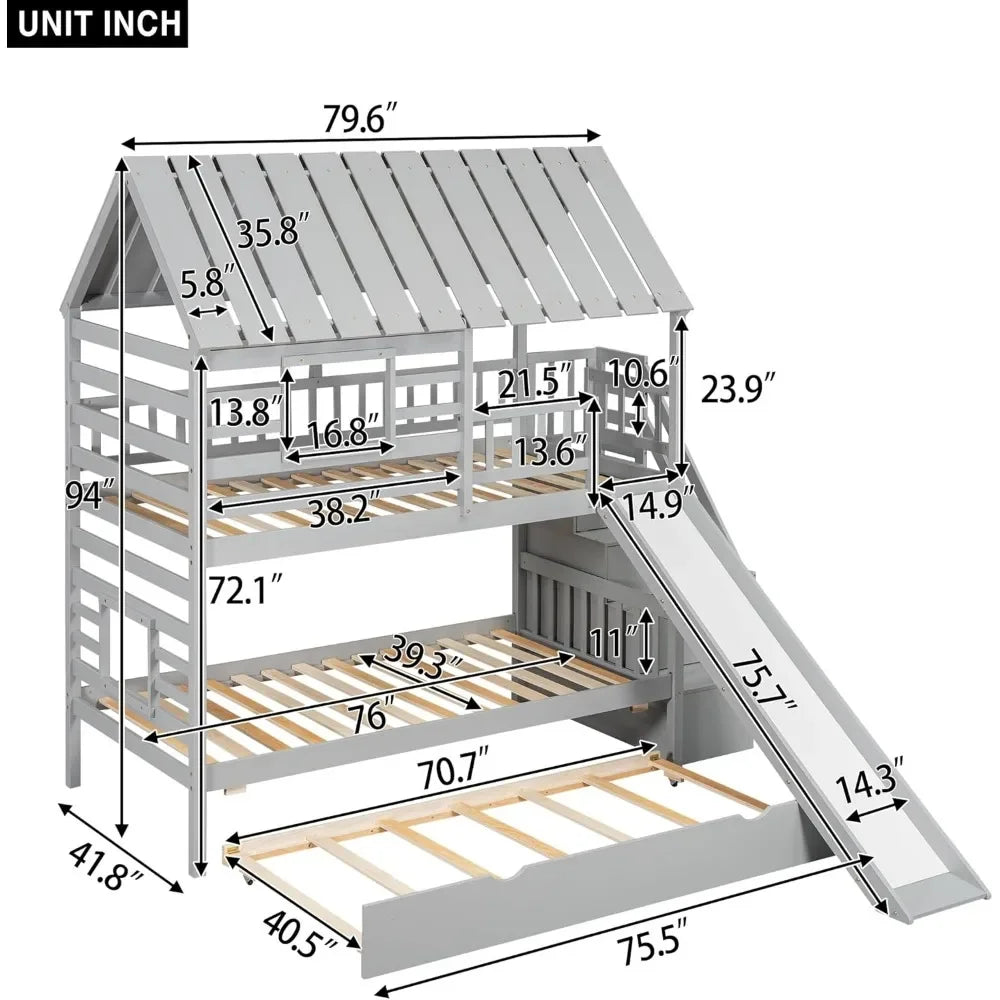 The House of Bonney™ “Skyloft Playhouse” Twin Bunk Bed with Slide, Trundle & Storage Staircase – Solid Wood Adventure Bed with Roof & Window Design