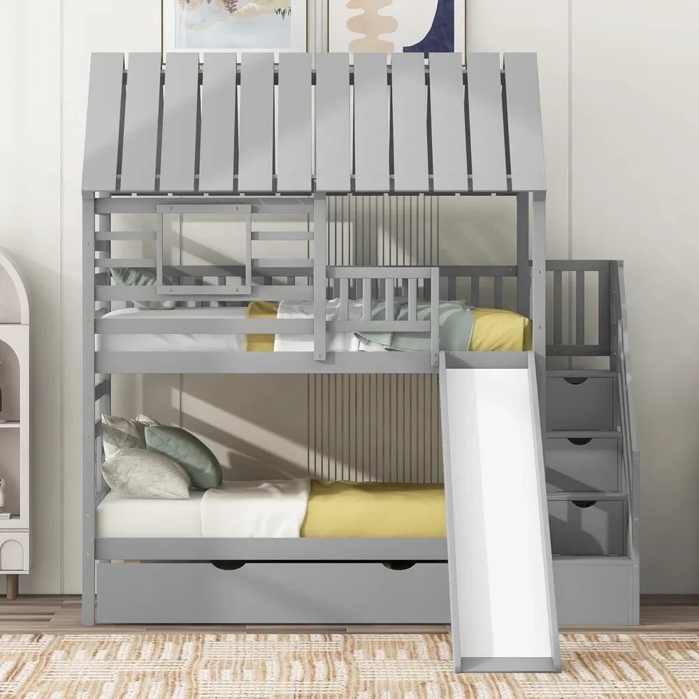 The House of Bonney™ “Skyloft Playhouse” Twin Bunk Bed with Slide, Trundle & Storage Staircase – Solid Wood Adventure Bed with Roof & Window Design