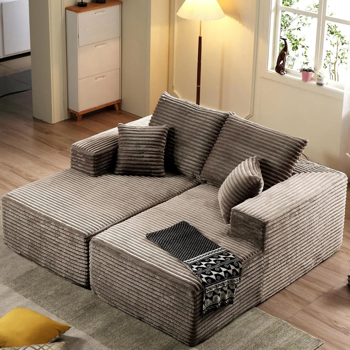 Cordova Luxe Lounger – Oversized Pillow-Back Chaise Sofa in Cloud Corduroy with Foldable Pillows & Armrests | Ready-to-Rest Recliner Bed for Living Room or Bedroom