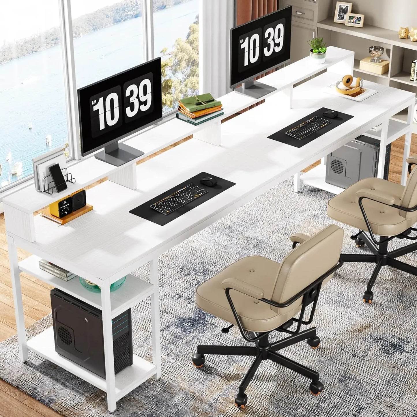The Align Studio // Dual Monitor Luxe Workstation – 2-Person Industrial Desk with Shelves & Elevated Flow