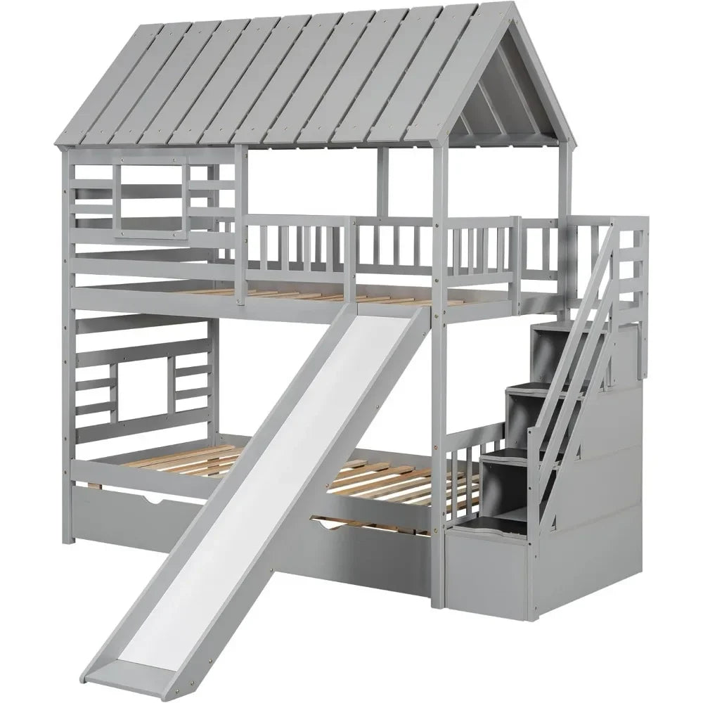 The House of Bonney™ “Skyloft Playhouse” Twin Bunk Bed with Slide, Trundle & Storage Staircase – Solid Wood Adventure Bed with Roof & Window Design