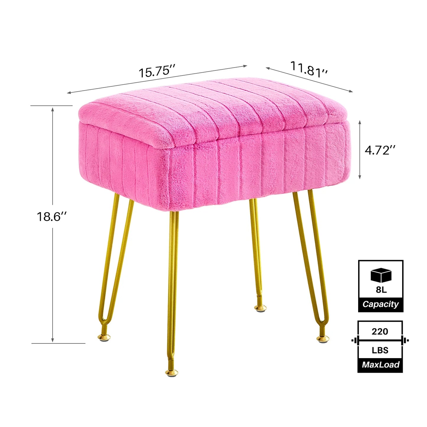 Faux Fur Vanity Stool with Storage – Stylish Makeup Ottoman with Gold Metal Legs for Bedroom & Living Room